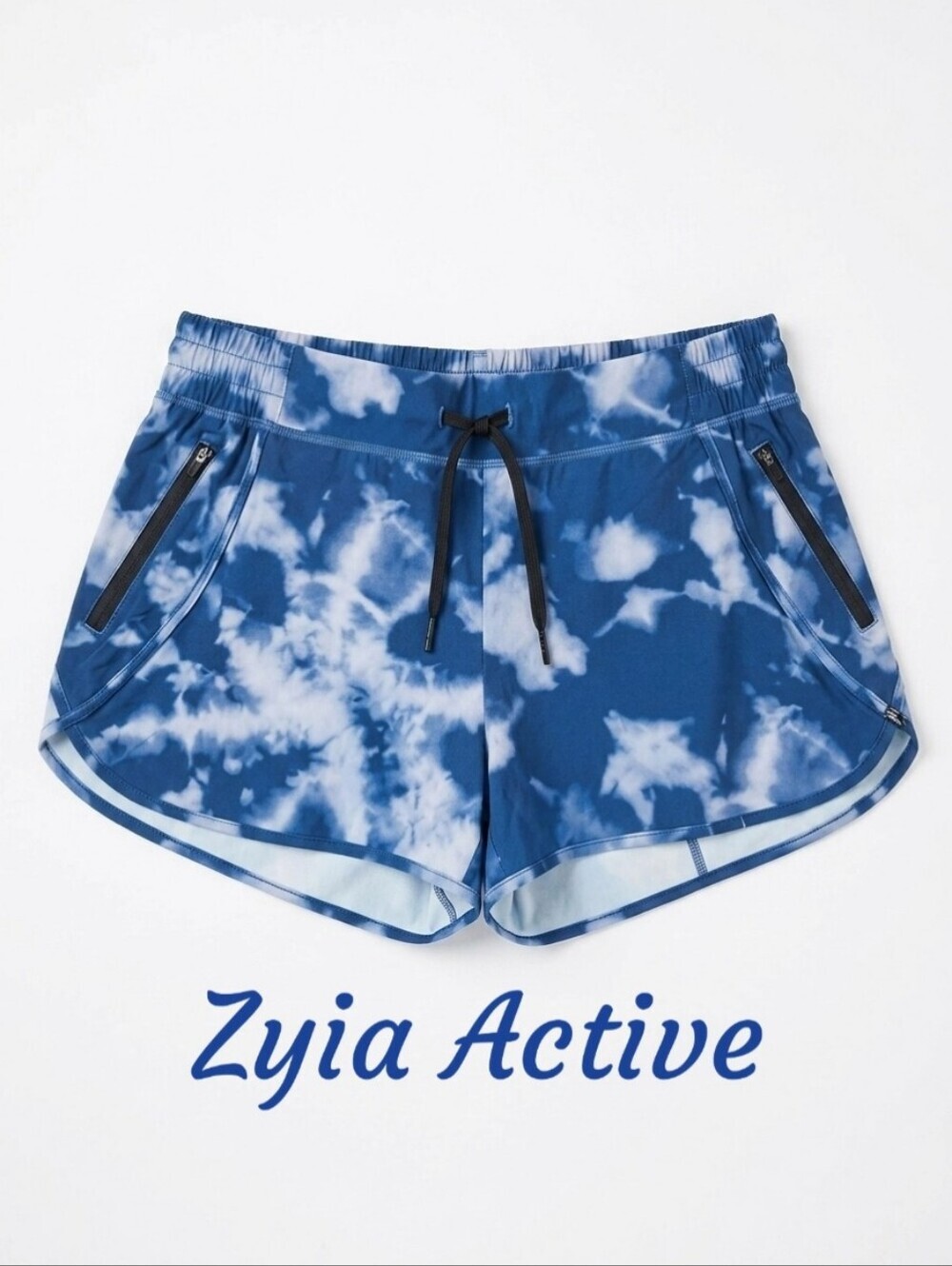 Zyia Active Womens Athletic Shorts Sz XL Blue & White Clouds Cumulus Fierce Zip